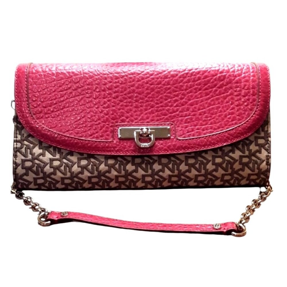 DKNY Pink Leather & Monogram Canvas Clutch Purse